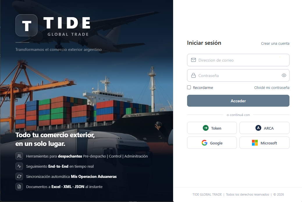Pantalla de acceso a TIDE Global Trade con múltiples métodos de login